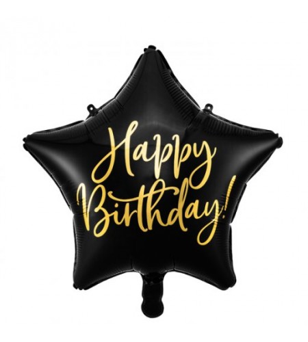 BALÃO METALIZADO ESTRELA PRETA HAPPY BIRTHDAY